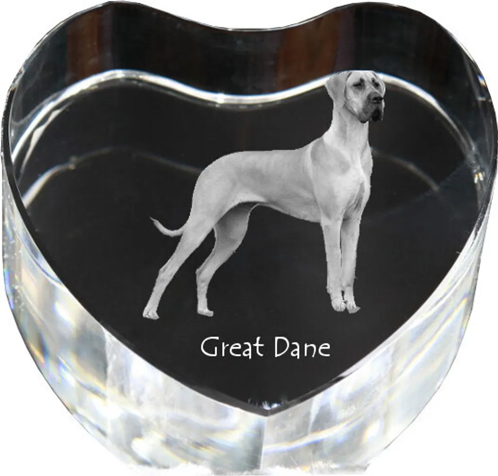 Alano I - fotografia del cane in cristallo, cuore di cristallo, cornice unica con fotografia del marchio Art-Dog