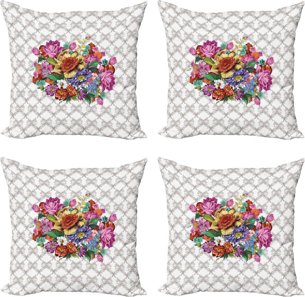 ABAKUHAUS Blumen Kissenbezug Set (4 Stück), Damast-Muster-Bouquet, Moderner Doppelseitiger Digitaldruck, 60 cm x 60 cm, Mehrfarbig
