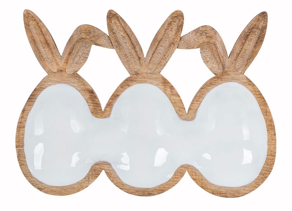 Deko Schale L26cm Ostereier Hasenohren Mangoholz Natur Weiß Osterdeko Tischdeko Ablage Holzschale Deko Servierplatte Oster Dekoration