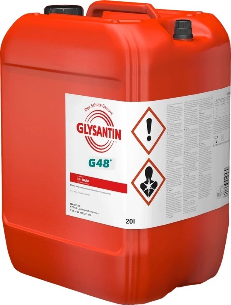A red plastic container of GLYSANTIN G48 coolant.