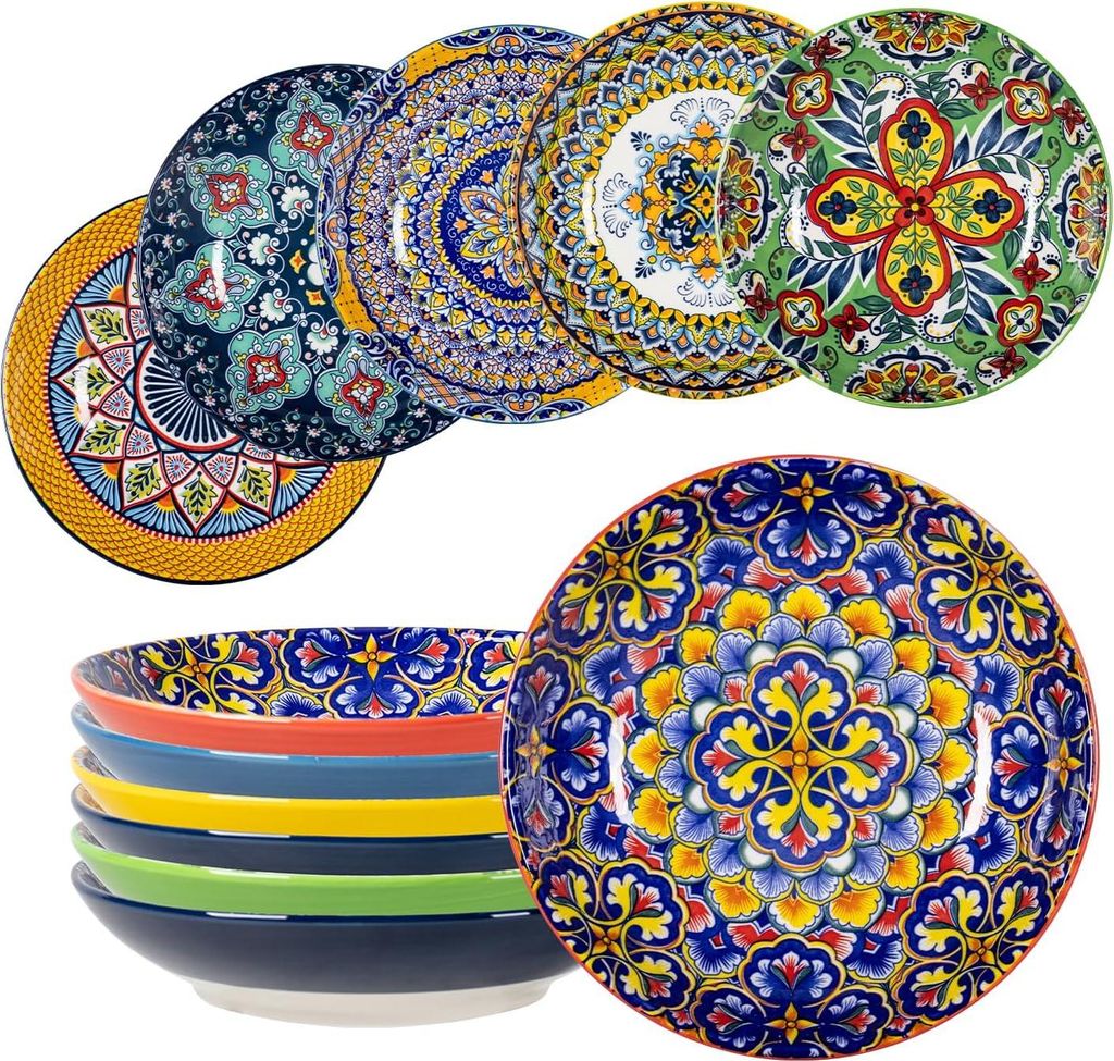 Porzellan Suppenteller - Set von 6 - 700 ml - Böhmischer Stil - verschiedene Farben - für Pasta, Suppen, Salate, Obst