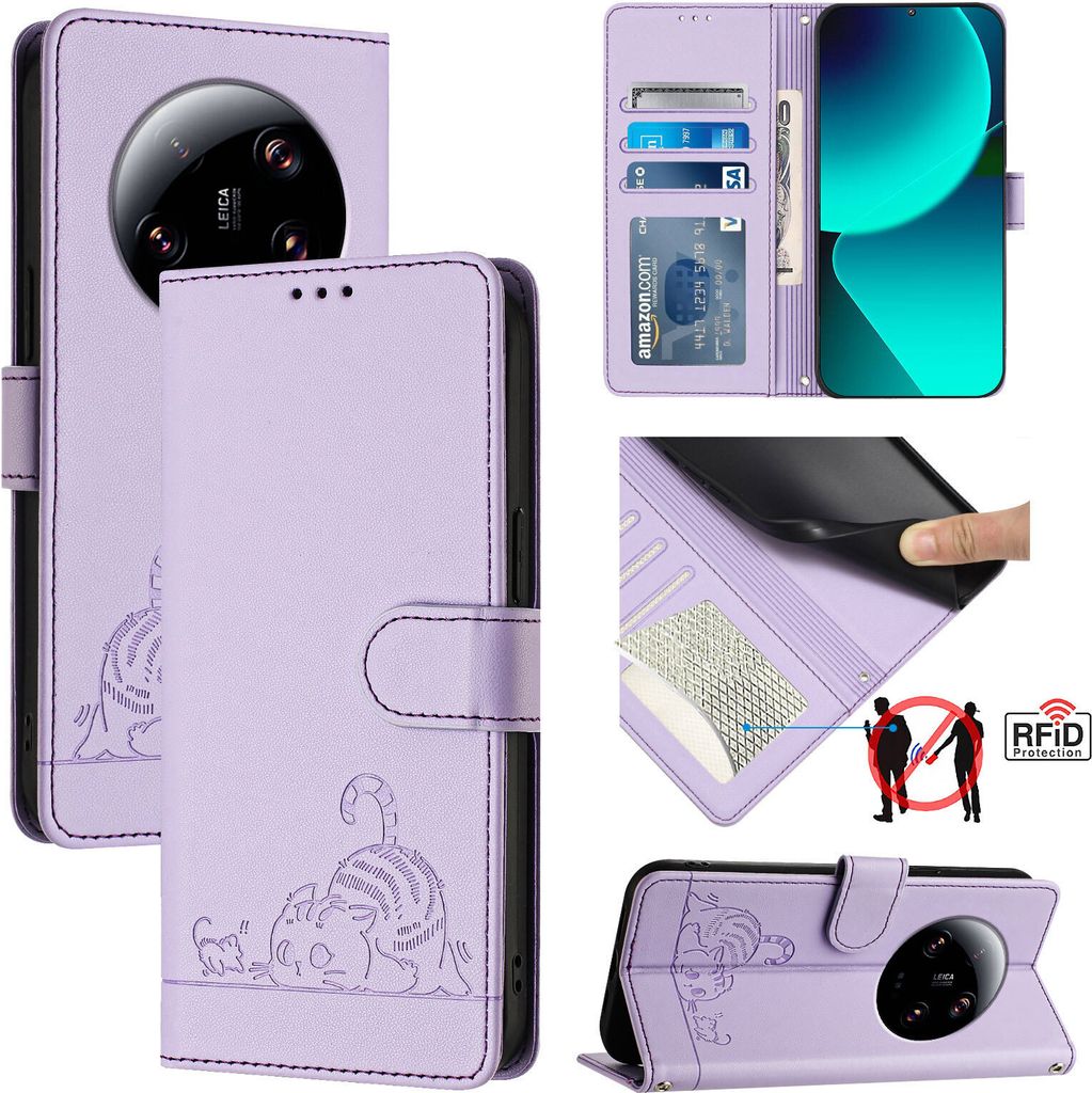 Leder Hülle für Xiaomi 13 Ultra Süße Katze Flip Case Brieftasche Schutzhülle mit Standfunktion Lila