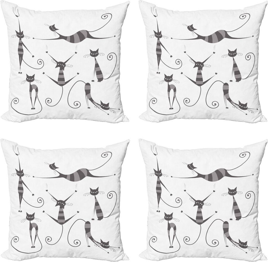 ABAKUHAUS Katze Kissenbezug Set (4 Stück), Lustige dünne gestreifte Katze, Moderner Doppelseitiger Digitaldruck, 60 cm x 60 cm, schwachgrau