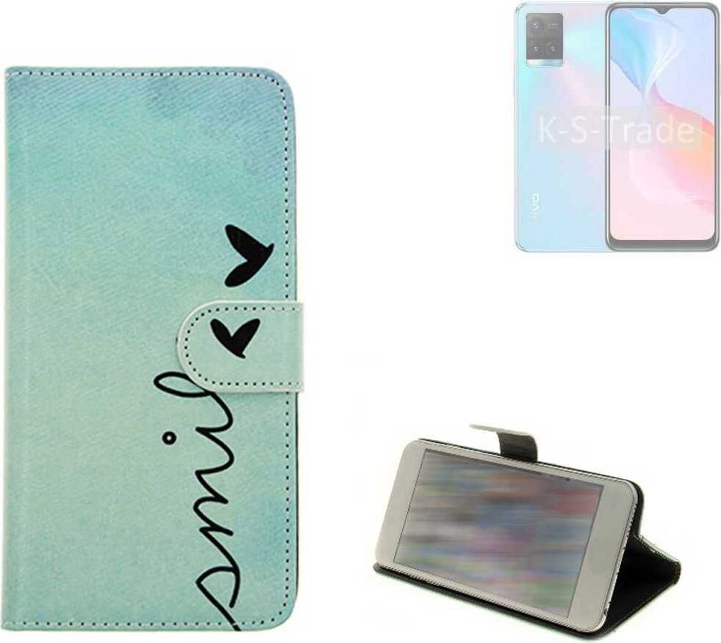 K-S-Trade Schutz Hülle Handy Hülle kompatibel mit Vivo Y21s Hülle Handyhülle cover bookstyle Etui Handyhülle “smile“ türkis Standfunktion