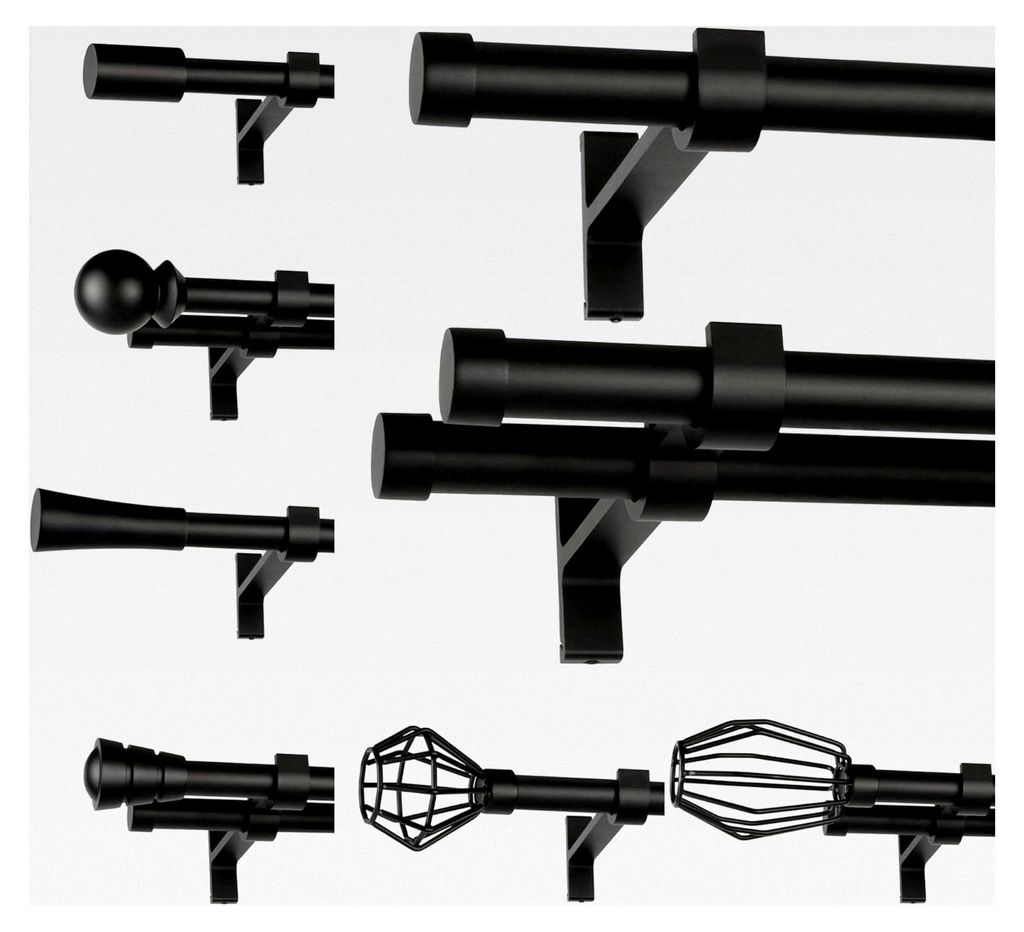 Gardinenstange 480 cm breit - 19 mm Durchmesser - 2-läufig - Schwarz Matt - inkl. Wandhalterungen, Endstücken, Verbindungsrohren und Montagemater...