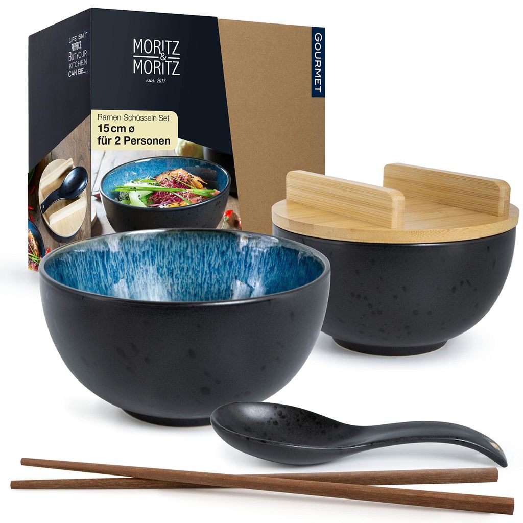 Ramen-Schalen-Set, 2er, Keramik, blau, mit Deckel & Löffel