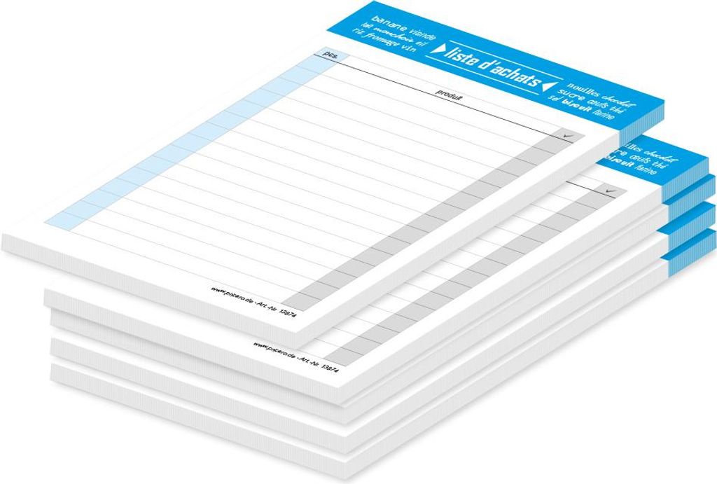 PRICARO Liste d'achats "Typo", magnetisch, bleu, A6, 25 Blatt, 5 Stück
