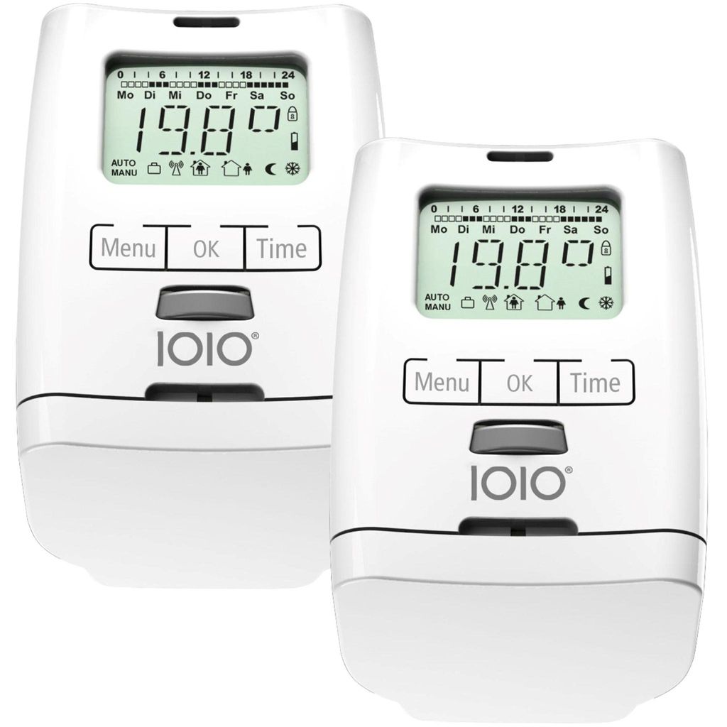 Two white electronic thermostats are shown side-by-side against a white background.