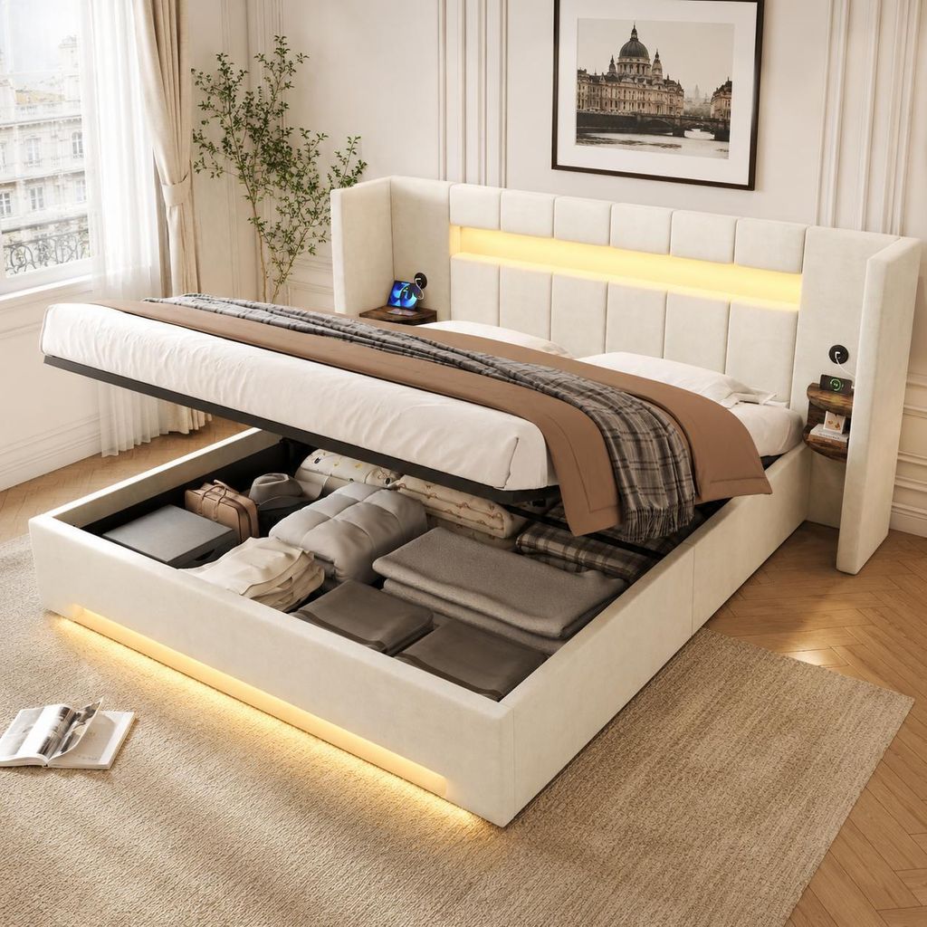Samtbett 160x200 Polsterbett mit extra breitem Kopfteil LED USB Stauraumbett hydraulisch Doppelbett Retro-Schr?nke Funktionsbett Stoffbett Grau