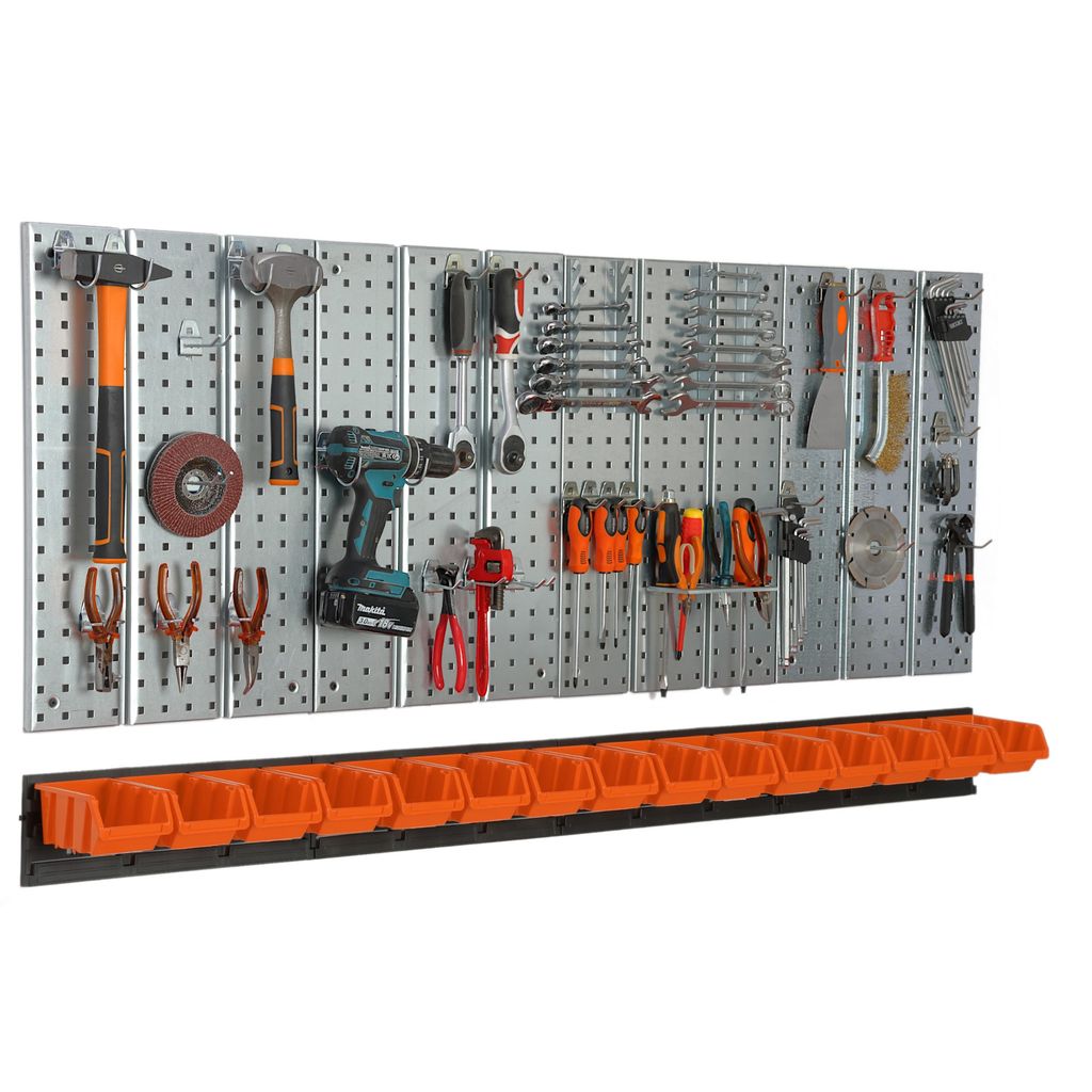 Werkzeugwand 156x72 cm Metall Lagersystem mit Werkzeughaltern Werkzeughaken und 15 Stapelboxen 100 x 150 x 70 mm Farbe: orange Lochbrett Werkstatt ...