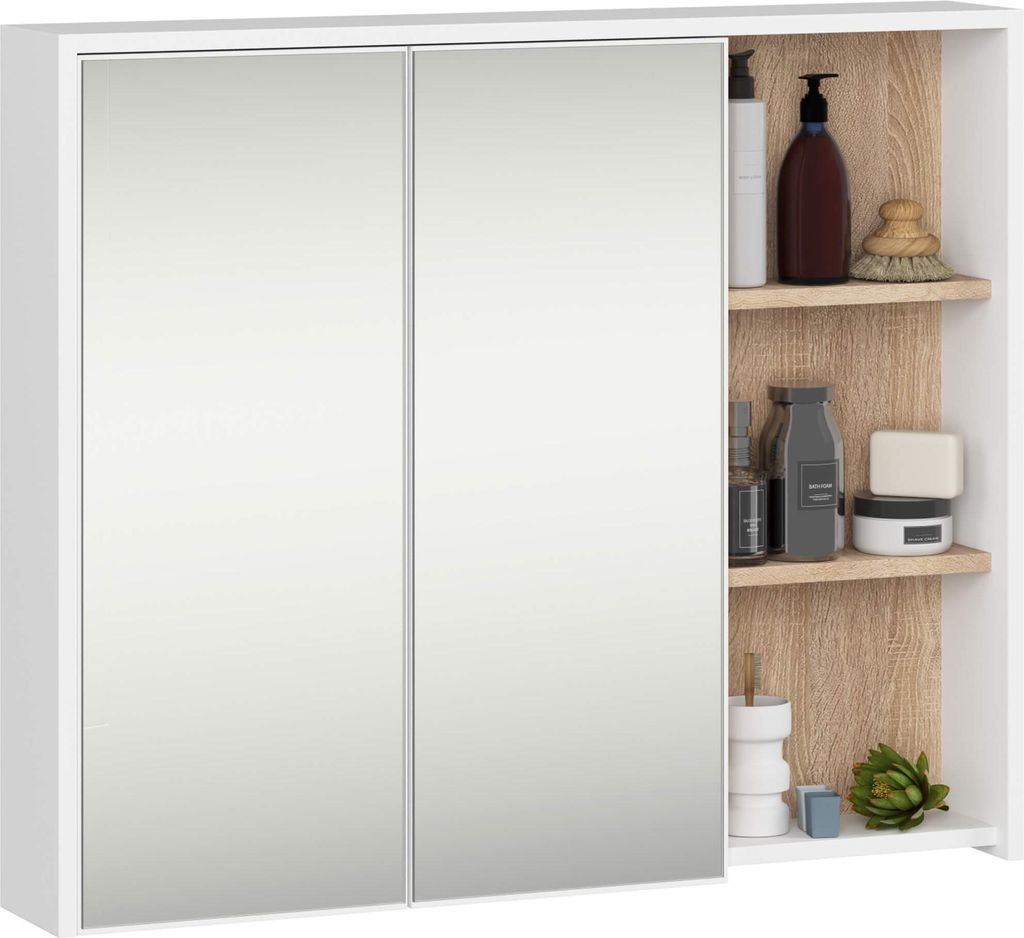 Badezimmer-Hängeschrank VAMI mit Spiegel Weiß, Sonoma Eiche B90xH75xT15 cm