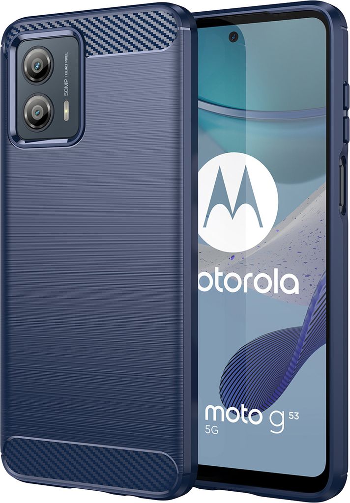 Moto G53 Hülle, Carbon-Faser TPU Silikon Stoßfest Schutzhülle für Motorola Moto G53 Blau