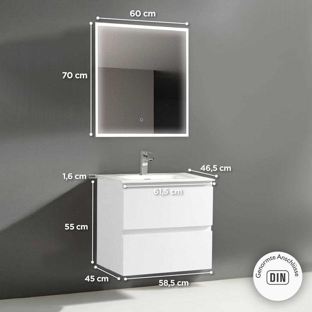 Alpenberger Badmöbel Set mit Waschbecken Gäste WC | Waschtisch mit Unterschrank 60 cm Breit | Badezimmerspiegel mit Beleuchtung | Led Spiegel Bad