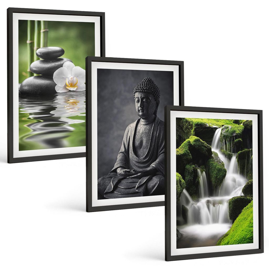 Bilder Set 3-teilig im schwarzen Rahmen – Wandbilder 3 Stück – gerahmte Poster für Wohnzimmer, Schlafzimmer und Flur – 40x60 cm – Entspan...
