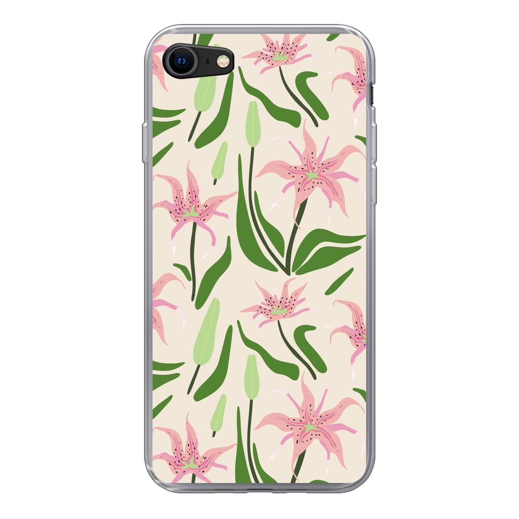 MuchoWow Handyhülle Schutzhülle Hülle für iPhone 7 Blume - Rosa - Blatt Silikon Softcase Handy Hülle - Kartenhalter