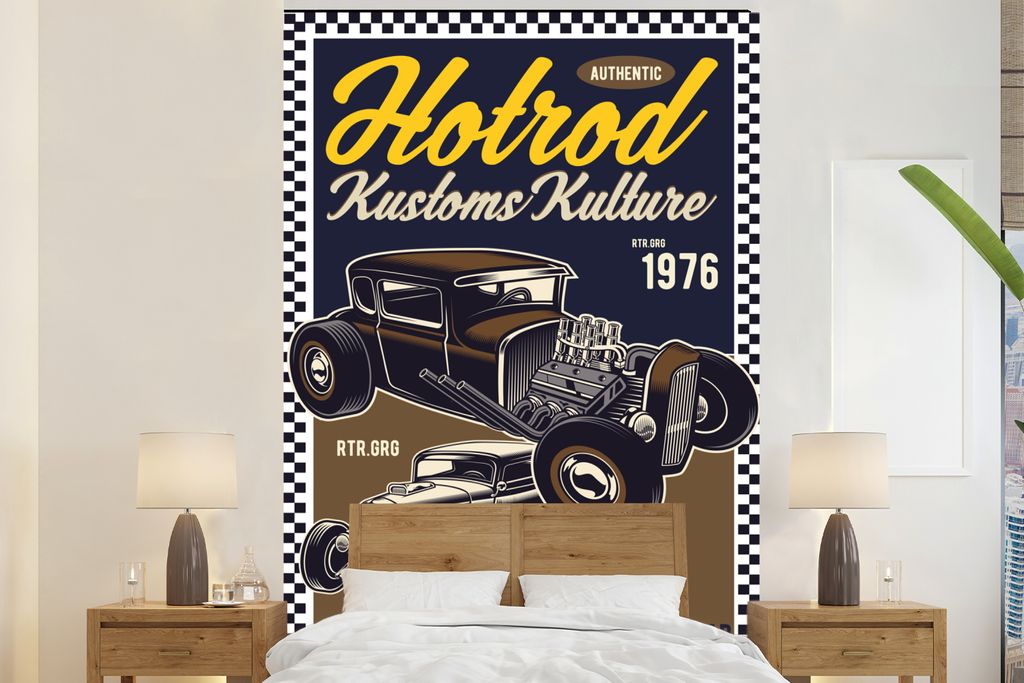 MuchoWow Fototapete für Wohnzimmer oder Schlafzimmer Wandtapete Vinyl Motivtapete Mancave - Auto - Vintage - Gelb - 145x220 cm - Wanddekoration