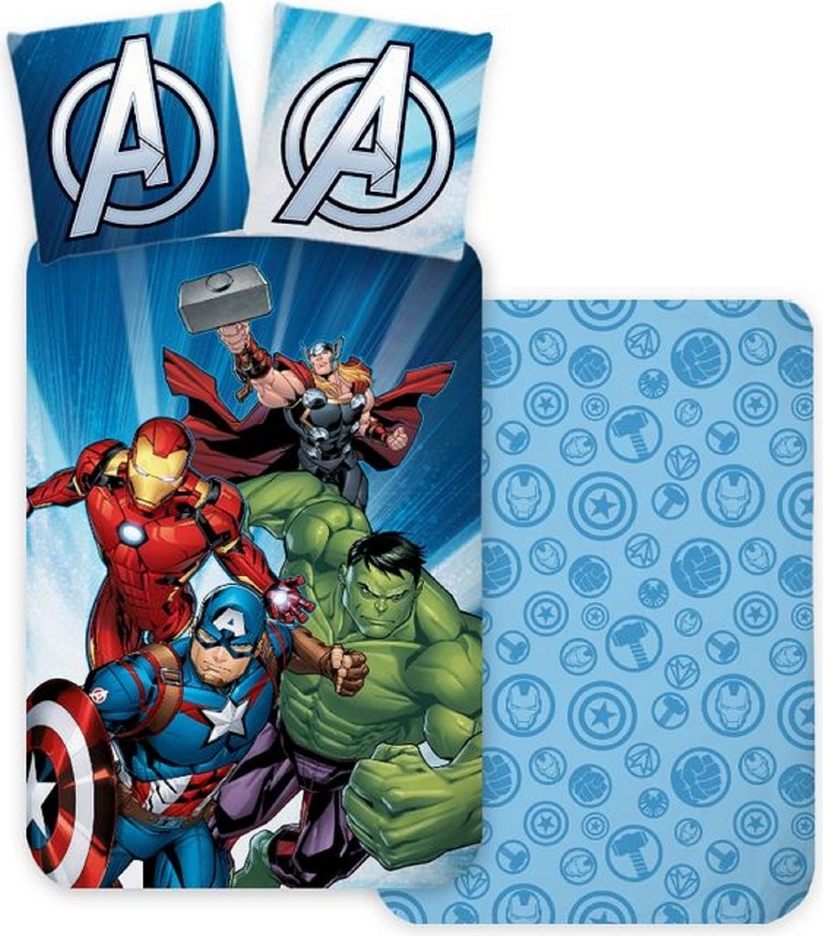 The image shows a bedding set with Avengers characters and logos.
