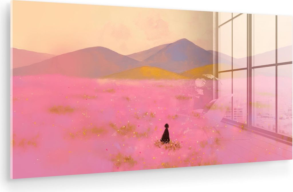 MuchoWow Glasbilder - Bilder auf Wandbild - Foto auf Glas Blumenwiese - Hügel - Scherenschnitt - Rosa 40x20 cm Wanddekoration aus Glas - Acrylglas...