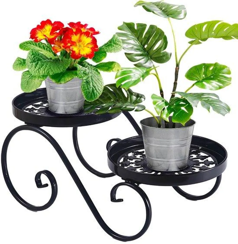 Étagère à fleurs noire en métal rond 2 niveaux pour jardin d'hiver et salon