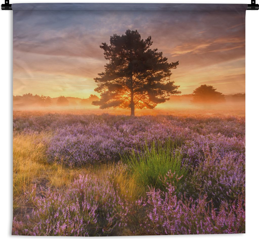 MuchoWow Wandteppich Wandbehang Heidelandschaft mit einem Baum 90x90 cm Tapisserie Dekoration Wandtuch - Wandaufhänger