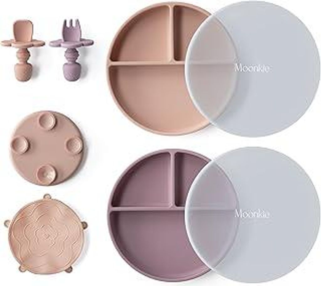 Moonkie 2pc Silikon Kinderteller mit Deckel, Baby teller mit Saugnapf, BPA-freie Rutschfest Geteilte Geschirr Set mit Gabeln und Löffel, Mikrowell...