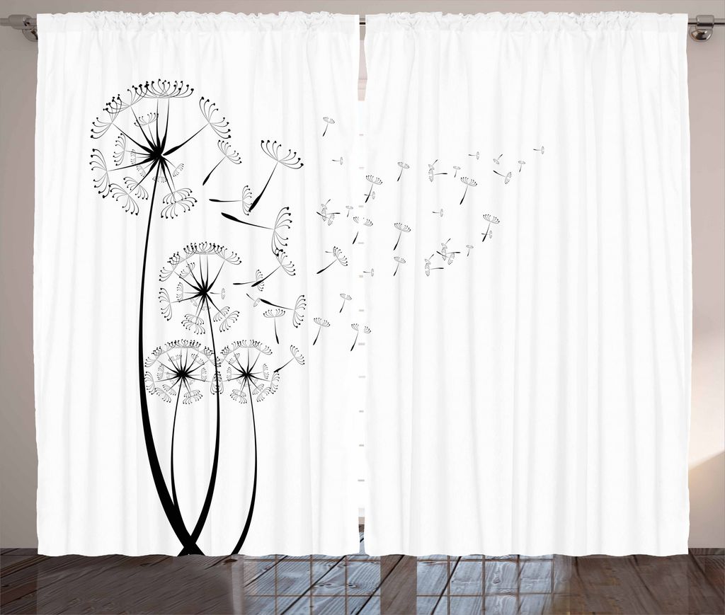 ABAKUHAUS Löwenzahn Rustikaler Vorhang, Samen Blown in Wind, Wohnzimmer Universalband Gardinen mit Schlaufen und Haken, 280 x 175 cm, Weiß Schwarz