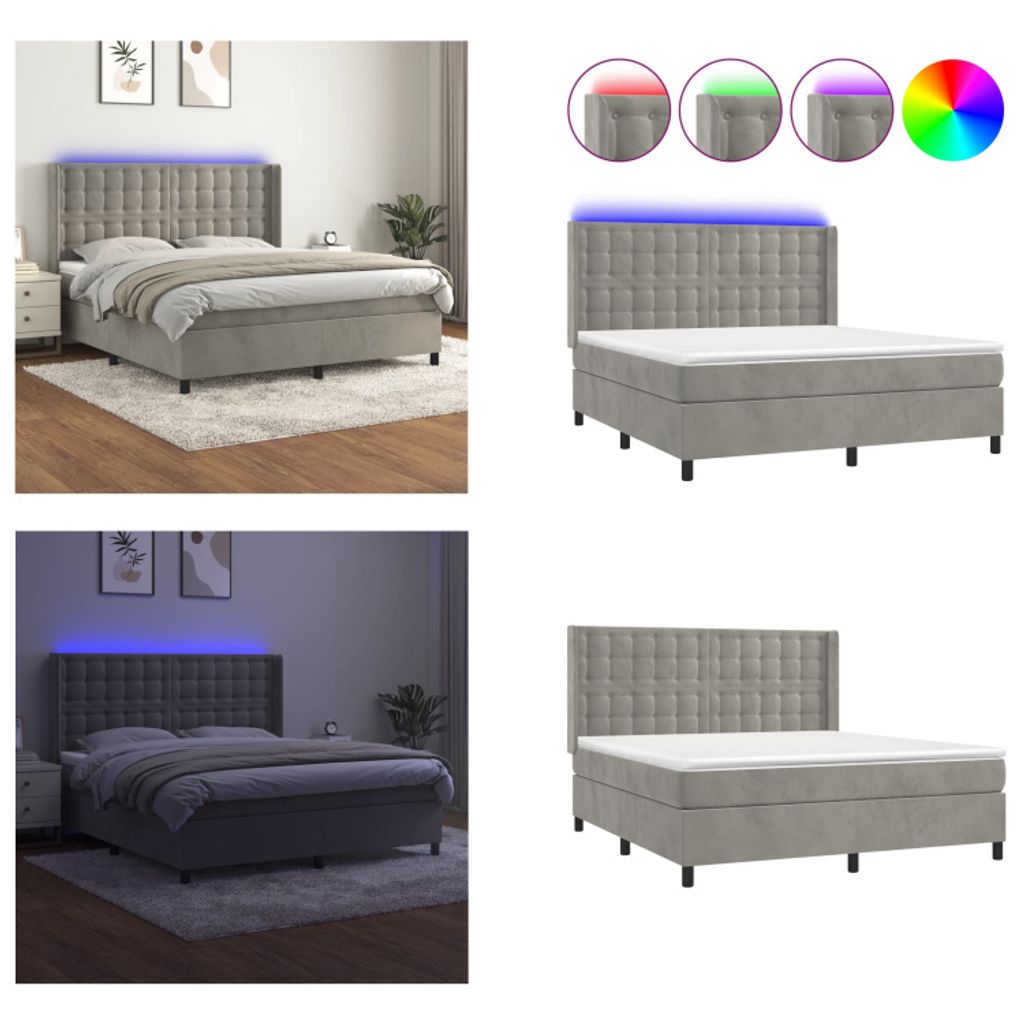 vidaXL Boxspringbett mit Matratze & LED Hellgrau 160x200 cm Samt - Boxspringbett - Boxspringbetten - Bett - Betten
