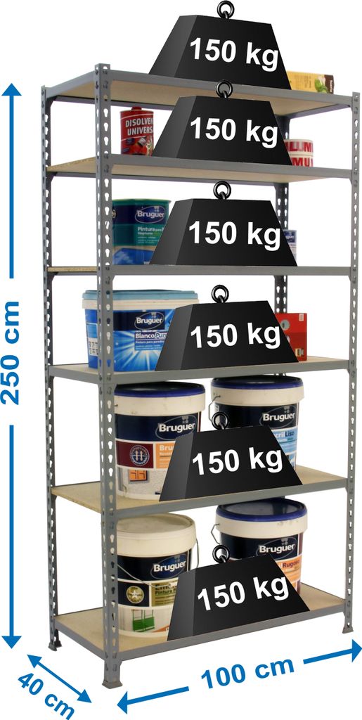 Schwerlastregal GIANT MULI | HxBxT 250x100x40cm | 6 Fachböden | Fachlast 150kg | Grau | Lagerregal Kellerregal Werkstattregal Metallregal Fachbode...