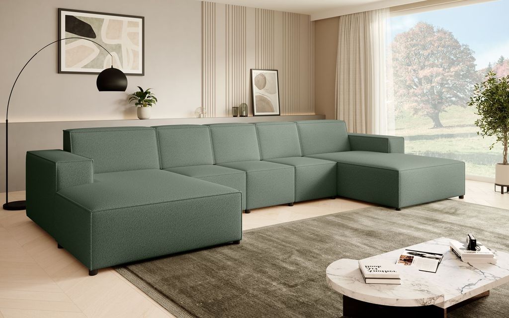 Ecksofa PEDRO U XL, breite Ottomane, Farbe: Grün (Raven77)
