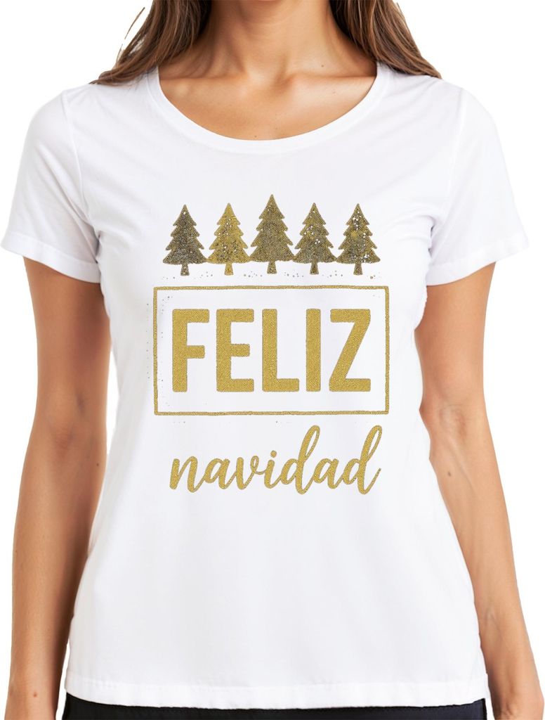 FELIZ navidad Weihnachten Weihnachtsbaum Gold Glitzer Geschenk Damen T-Shirt, Weiß, L