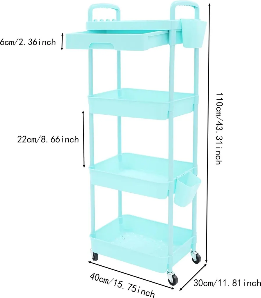 Chariot de rangement à 4 niveaux avec tiroir amovible bleu 15kg