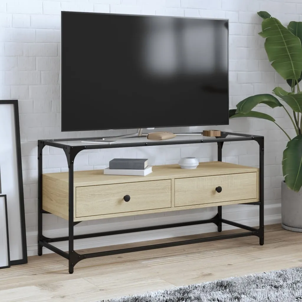 Pratico mobile TV con piano in vetro rovere Sonoma 98x35x51cm superficie solida - Mobili TV ,mobili di design 6890521 1pacco