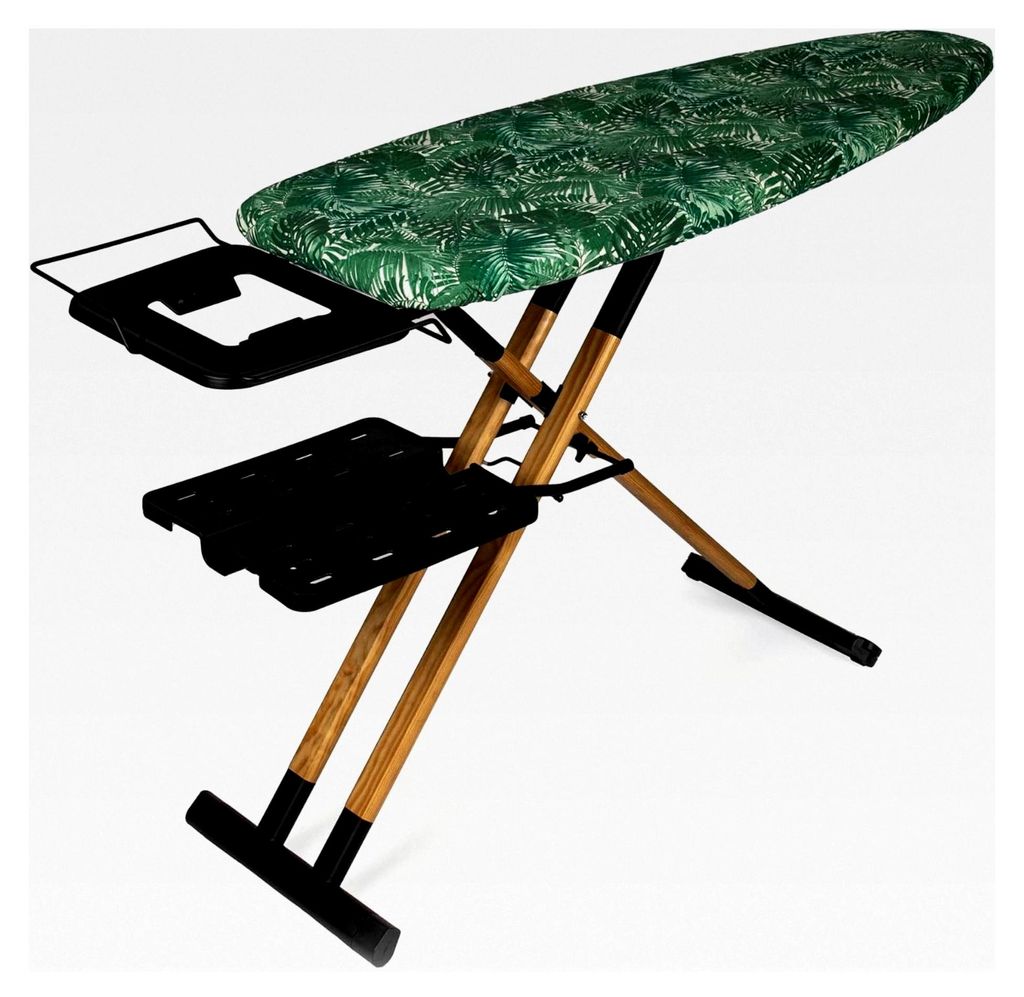 GoldWoodVIP Bügelbrett – 130 x 47 cm XXL, Naturholz und Aluminium, Höhenverstellbar bis 98 cm, Stabil, Leicht und Robust, Mit Rollen, Platz fü...