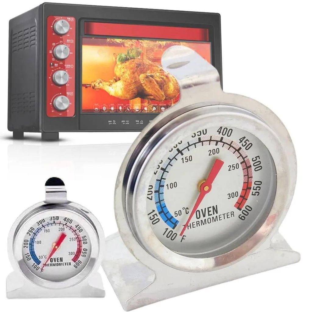 Ofenthermometer für Ofen, Räucherofen, groß analog, Edelstahl, 0-300 C, zum Backen und Braten, mit Standfuß und Haken