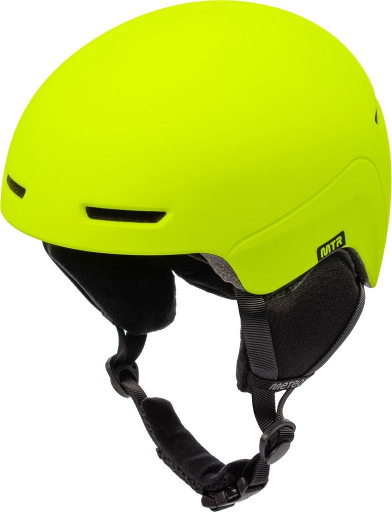 A neon yellow ski helmet shown from a three-quarter angle against a white background.