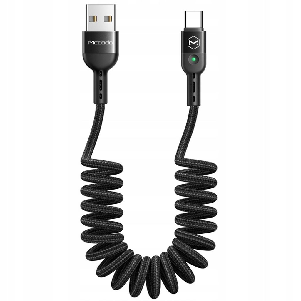 A coiled USB-C charging cable with USB-A and USB-C connectors.