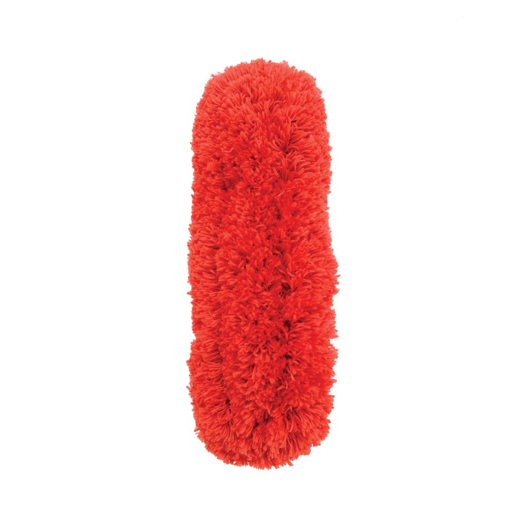 A red microfiber duster refill is shown against a white background.