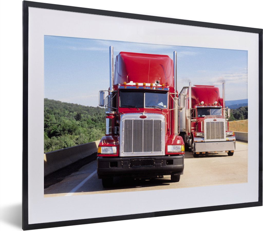MuchoWow MuchoWow Gerahmtes Poster Rote Lastwagen auf der Autobahn 40x30 cm - Poster mit zchwarzem Bilderrahmen - Bilderrahmen - Poster im Rahmen