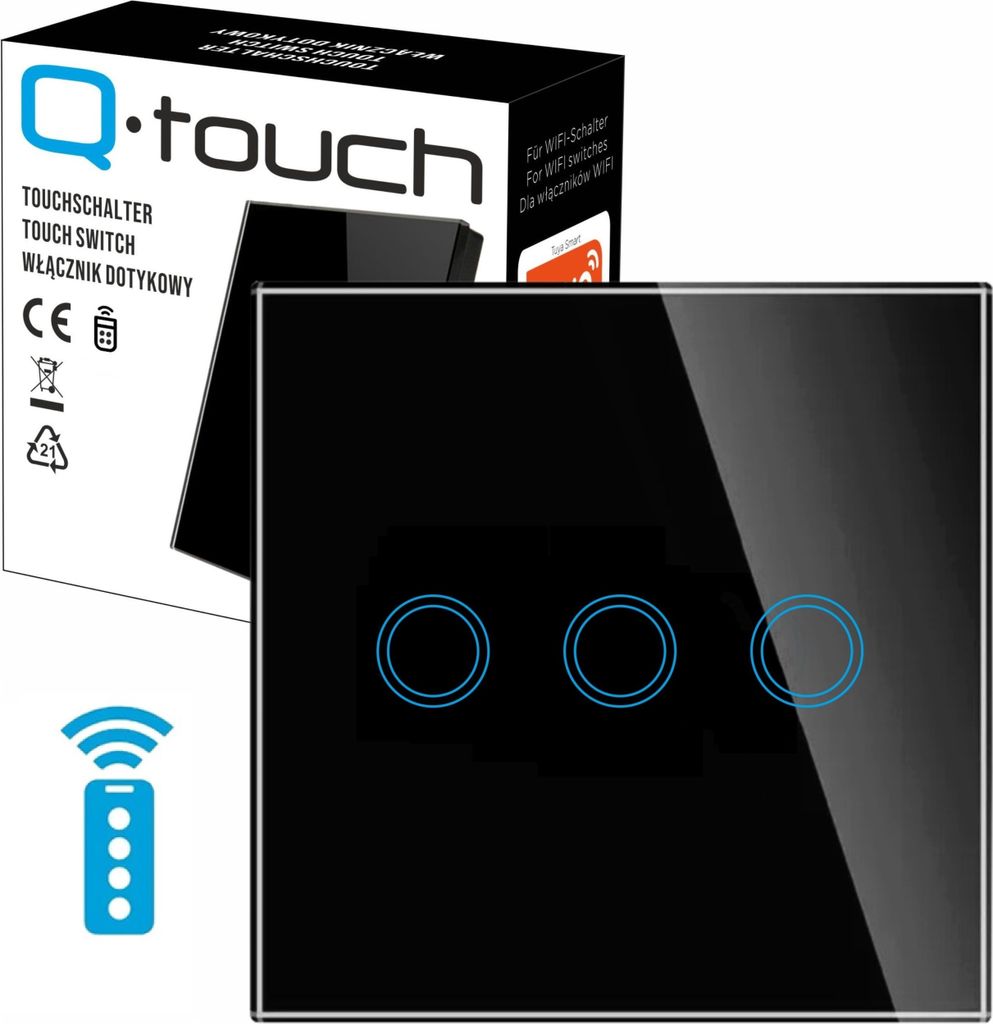 Glas Touch Lichtschalter Wandschalter 3-Fach Schalter LED schwarz mit Fernbedienungsfunktion