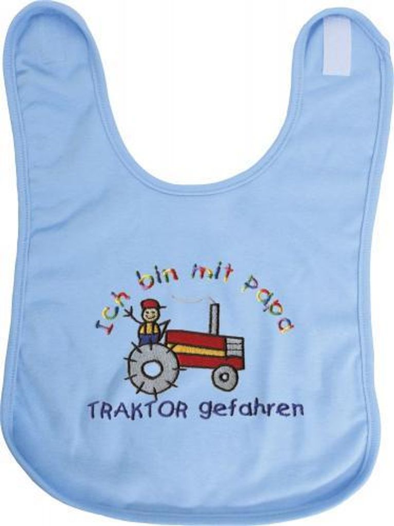Baby-Lätzchen mit Einstickung - Ich bin mit Papa Traktor ...- 08467 hellblau