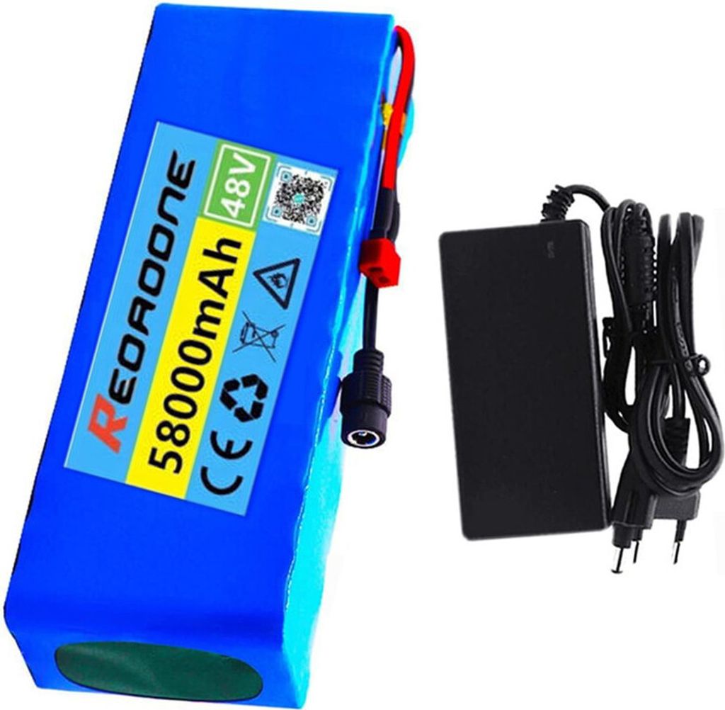 E-Bike Akku 48V 58Ah 13S3P Lithium-Ionen Batterie mit eingebautem BMS für 1000W Motor, Elektroroller mit Ladegerät, T Stecker