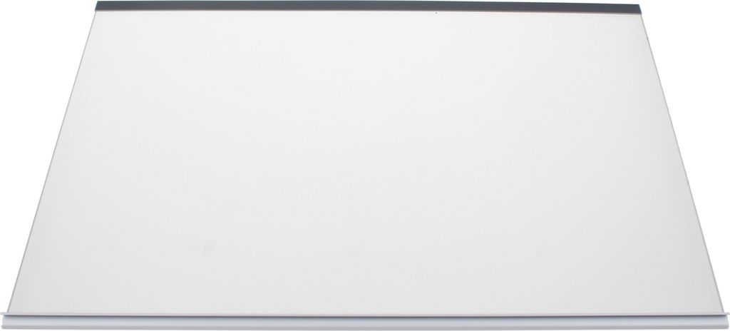 A flat, rectangular glass shelf with gray trim on the top and bottom edges, presented on a white background.