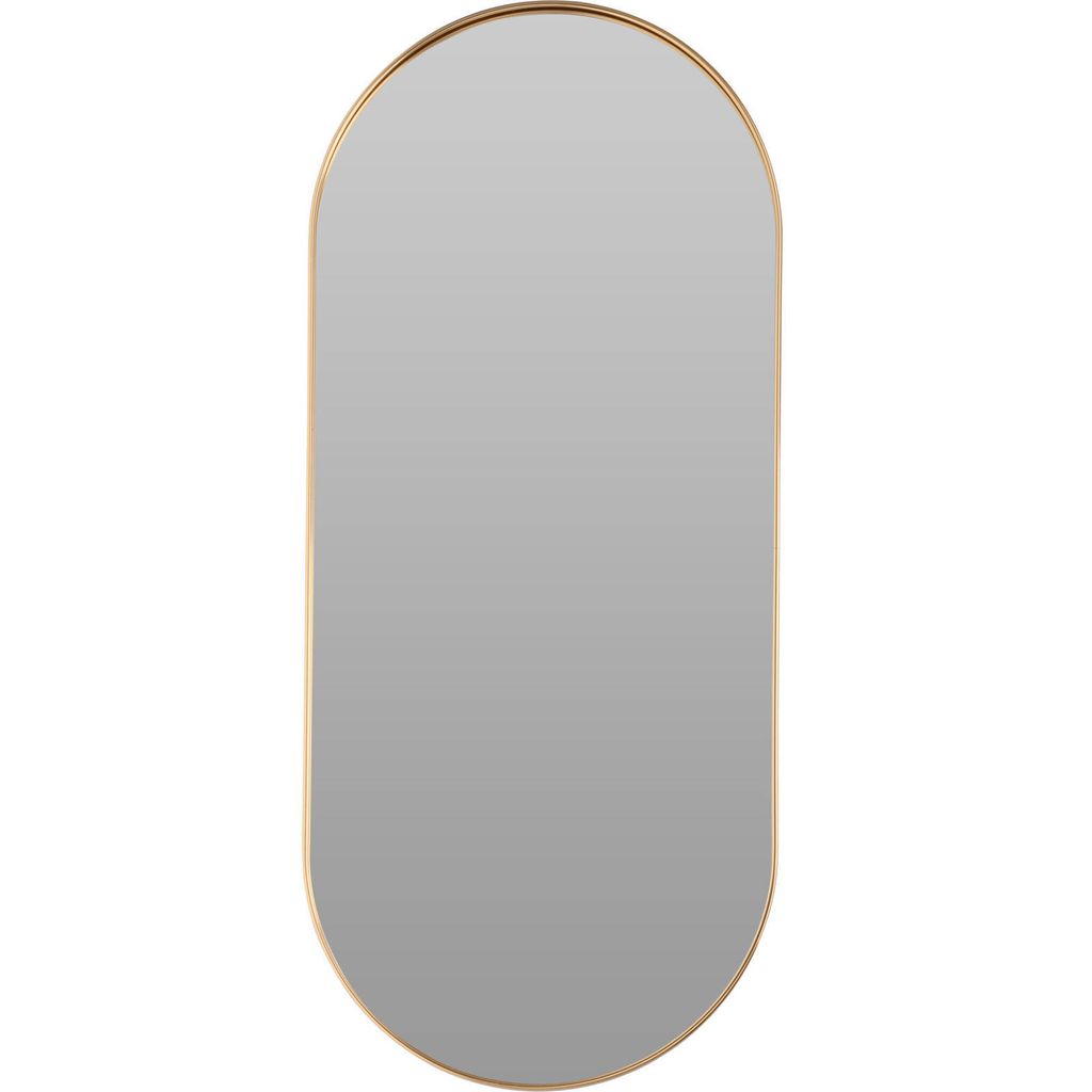 A vertical oval mirror with a gold frame against a white background.