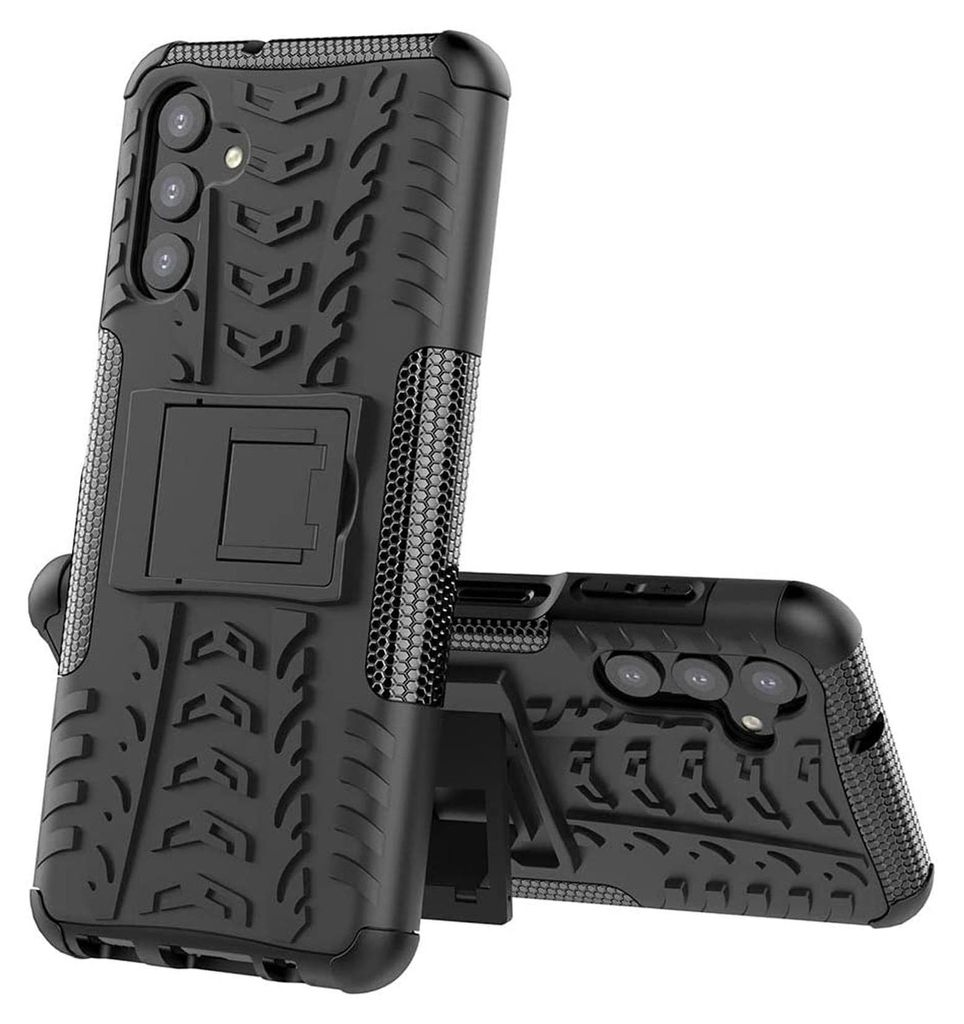 A black phone case with a tire tread pattern and a kickstand is shown against a white background. Another identical case is partially visible in the foreground.