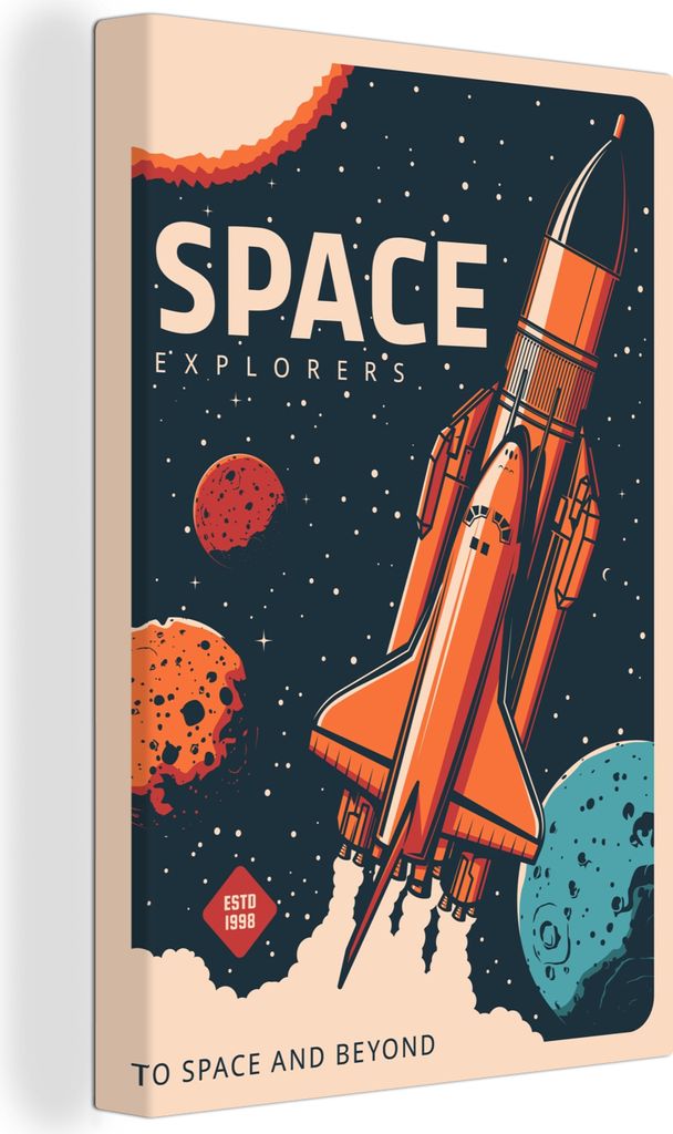 OneMillionCanvasses - Leinwandbilder - 90x140 cm, Weltraumforscher - Rakete - Vintage - Weltraum, Wandbilder Kunstdruck Wanddekoration - Foto auf...