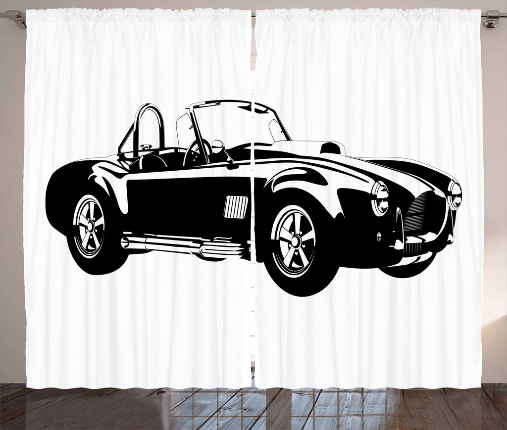 ABAKUHAUS Autos Rustikaler Vorhang, Sports Car Roadster Motor, Wohnzimmer Universalband Gardinen mit Schlaufen und Haken, 280 x 175 cm, Weiß Schwarz