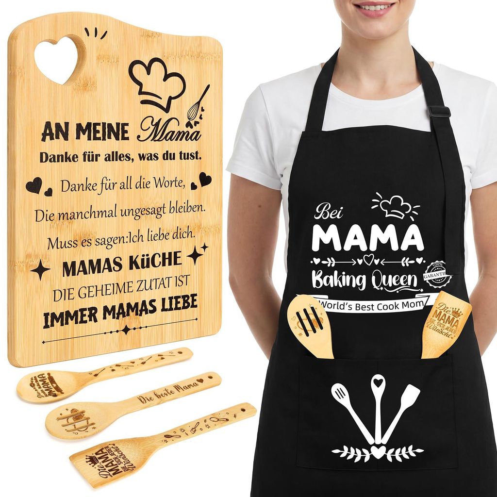 Geschenkset für Mama, Muttertagsgeschenk, Schneidebrett aus Bambusholz, personalisiertes Schneidebrett mit Schürze und 3 Kochlöffeln – praktis...