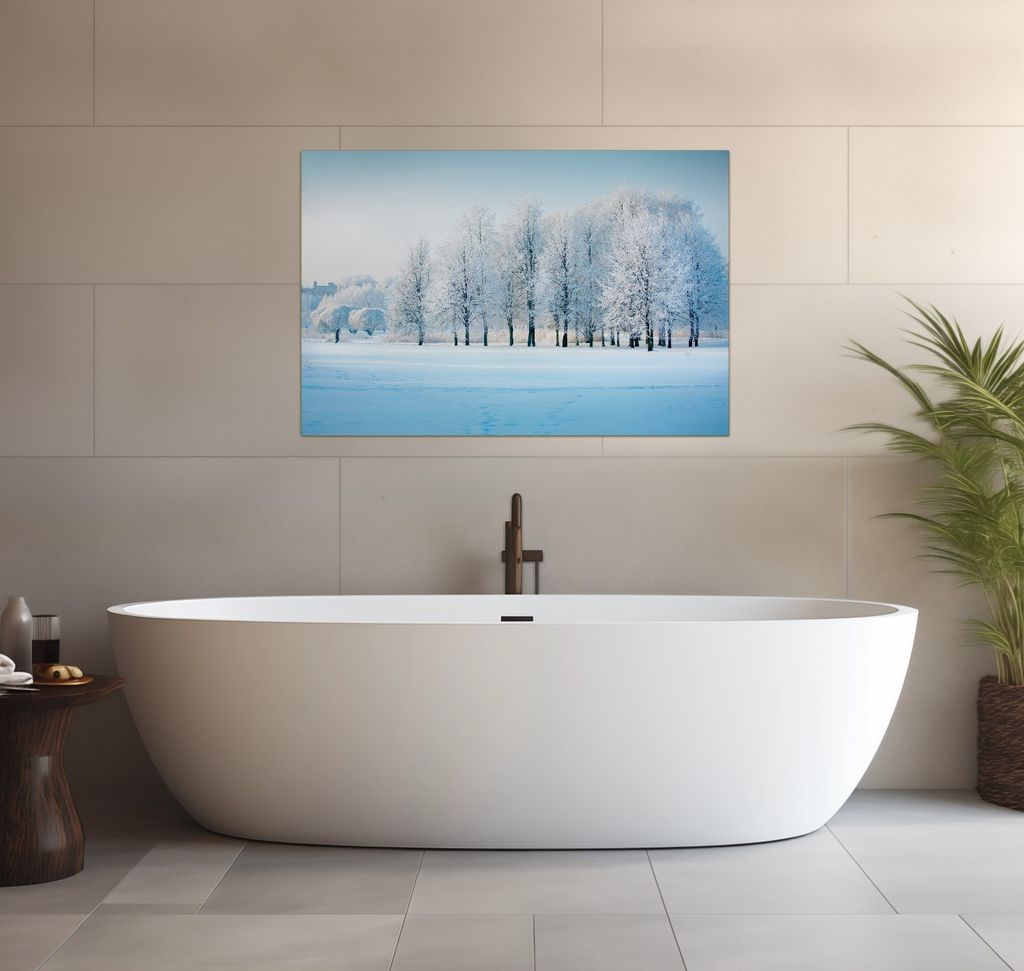 Wallario wasserfestes Poster selbstklebend 91,50 x 61 cm, Verschneite Bäume in einer Winterlandschaft, Badezimmerposter Spritzschutz mit Hochglanz...