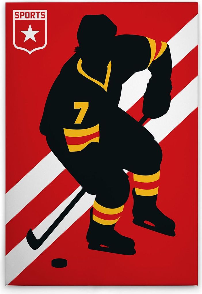 TADESSI Leinwandbild Retro Ice Hockey Spieler - Wandbild 80 x 120 cm - Kunstdruck auf Leinwand in Rot Gelb - M1-No.50878