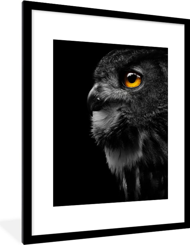 MuchoWow Gerahmtes Poster Eule - Vogel - Schwarz - Porträt 60x80 cm - Poster mit Schwarzem Bilderrahmen Wandposter Rahmen Foto Bilder - Wohnzimm...